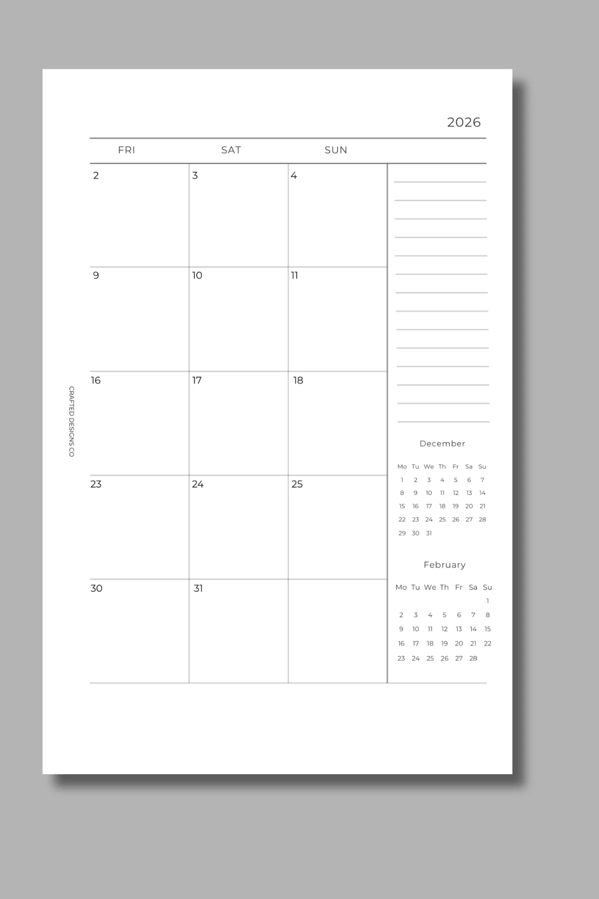 2026 Dated Monthly Calendar (w/Notes) - Image 3